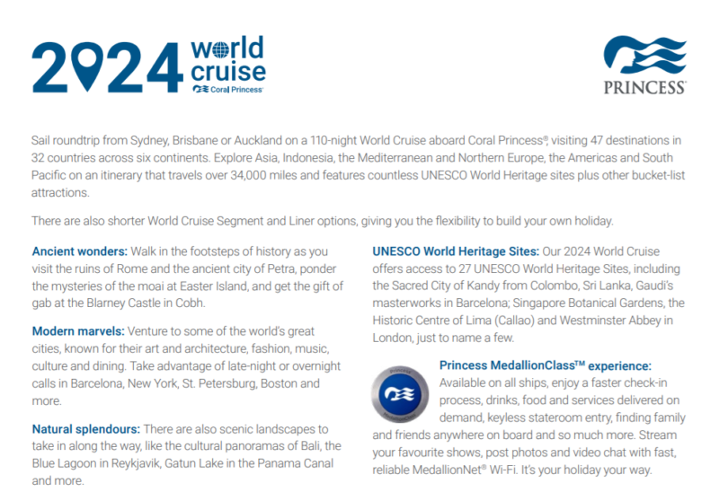 Coral Princess World Cruise & Sectors 2024 Just Cruises